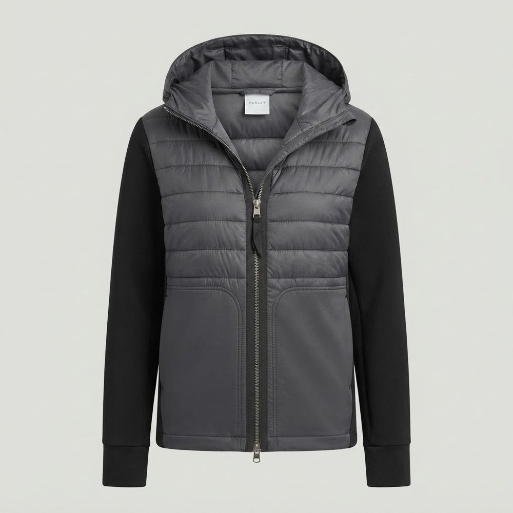 Varley Kerwin Mixed Media PUffer Jacket XL Black Quilted Hooded Full ZIp Stain